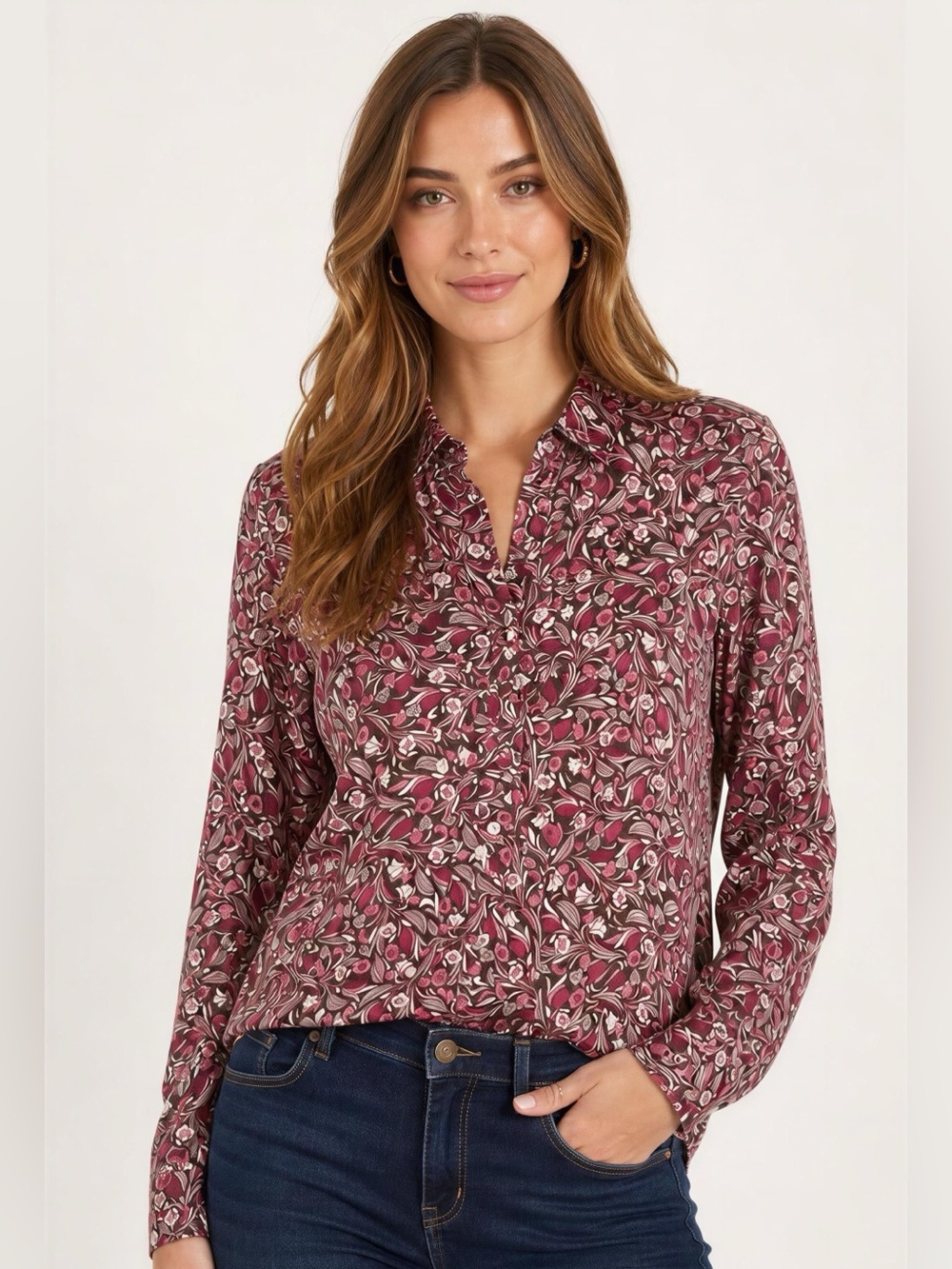 Banana Republic Burgundy Floral Button-Down Shirt
